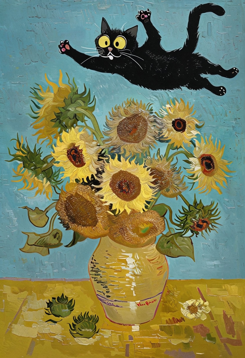 Playful Black Cat and Sunflowers Van Gogh Style Artwork Art