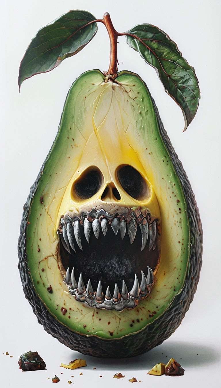 Eerie Monstrous Avocado with Sharp Teeth Illustration Mobile Wallpaper