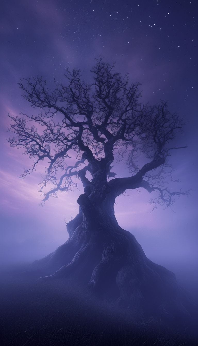 Misty Twilight Oak Tree in Starry Sky Mobile Wallpaper
