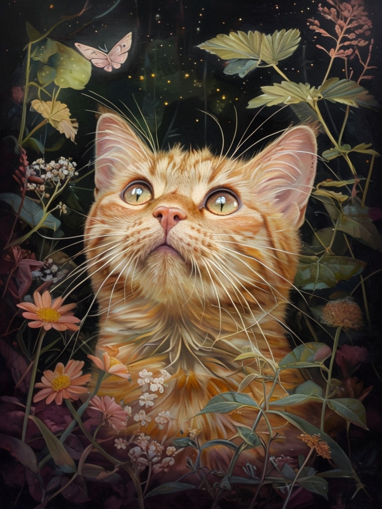 Curious Orange Tabby Cat Surrounded by Lush Flora Art