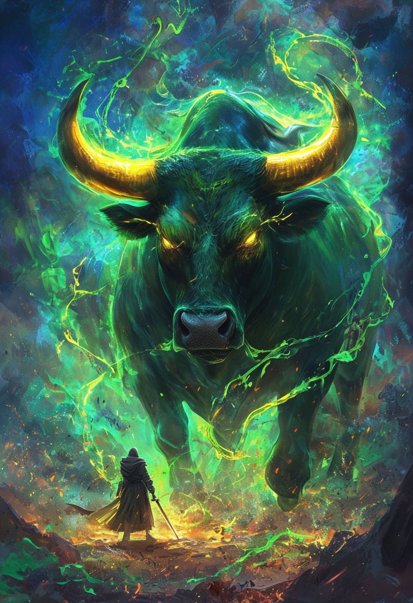 Intense Fantasy Confrontation Between Cloaked Figure and Bull Art