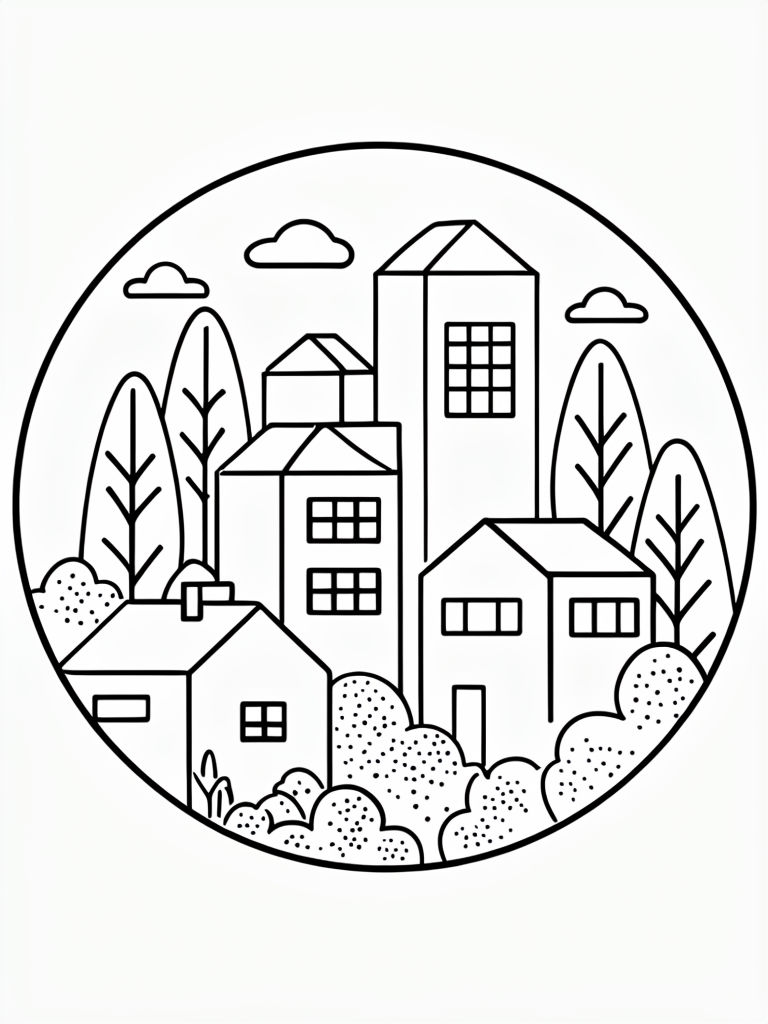 Serene Suburban Landscape Minimalist Coloring Page Design Coloring Book Pages