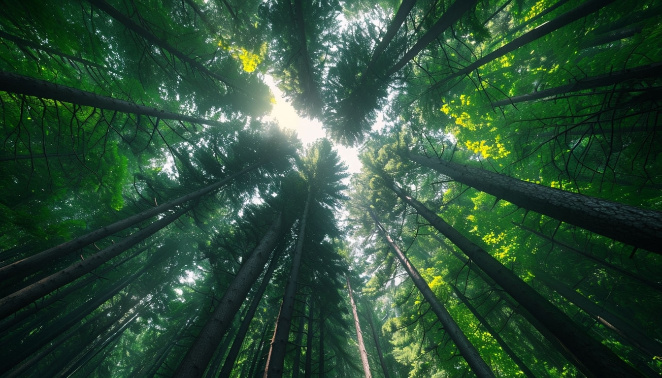 Majestic Forest Canopy Virtual Background with Sunlight Effects
