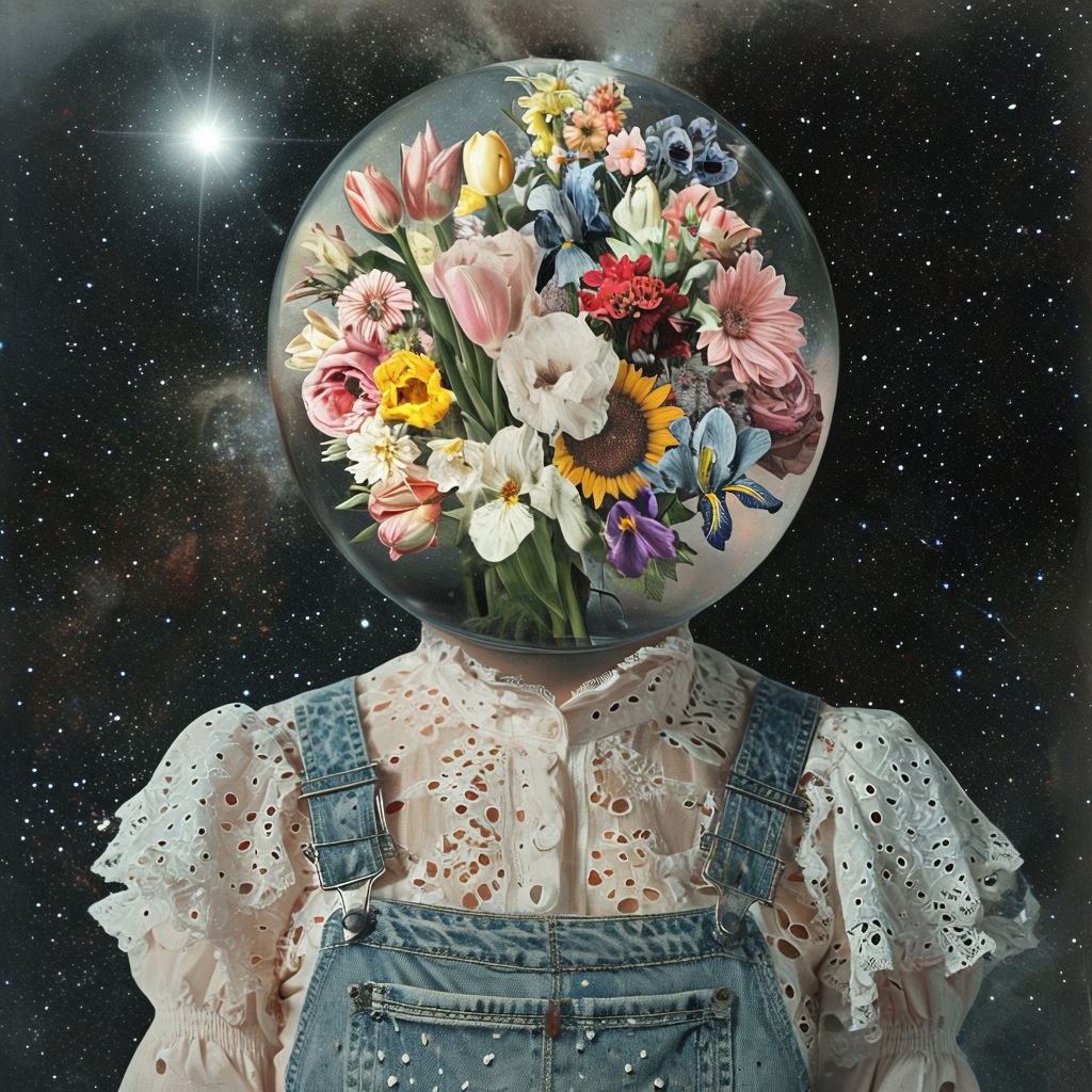 Surreal Nature and Space Collage with Floral Glass Head Art