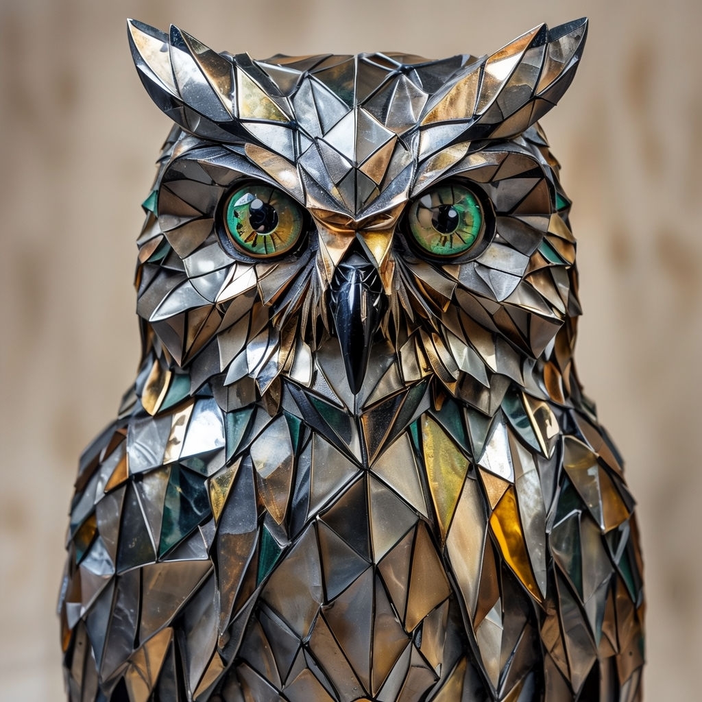 Intricate Geometric Owl Sculpture Close-Up Photograph Art