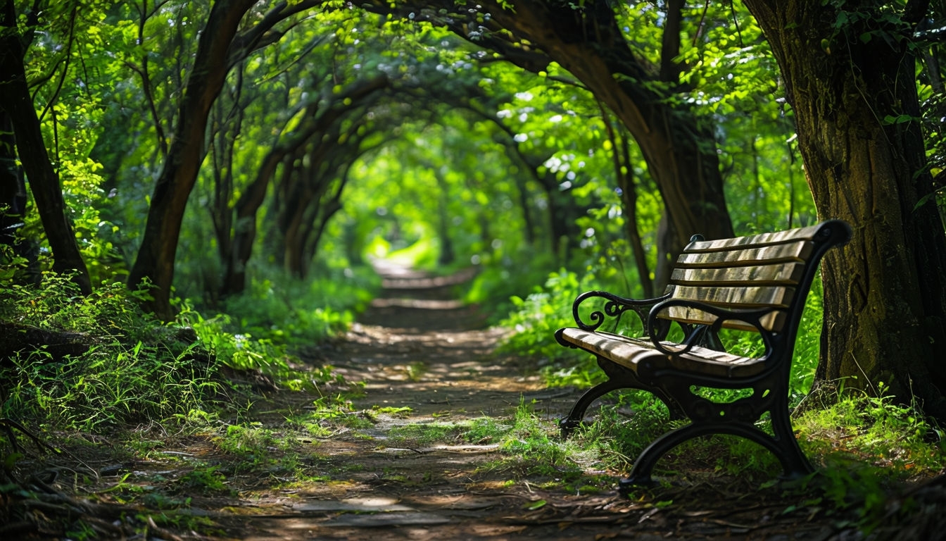 Tranquil Woodland Pathway with Sunlit Park Bench Background