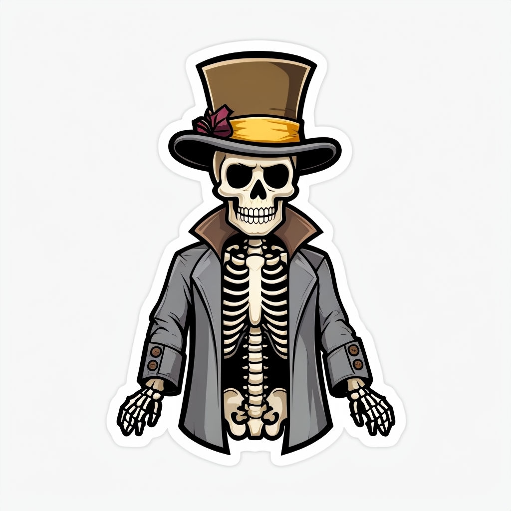 Whimsical Skeleton in Gray Coat and Top Hat Cartoon Sticker