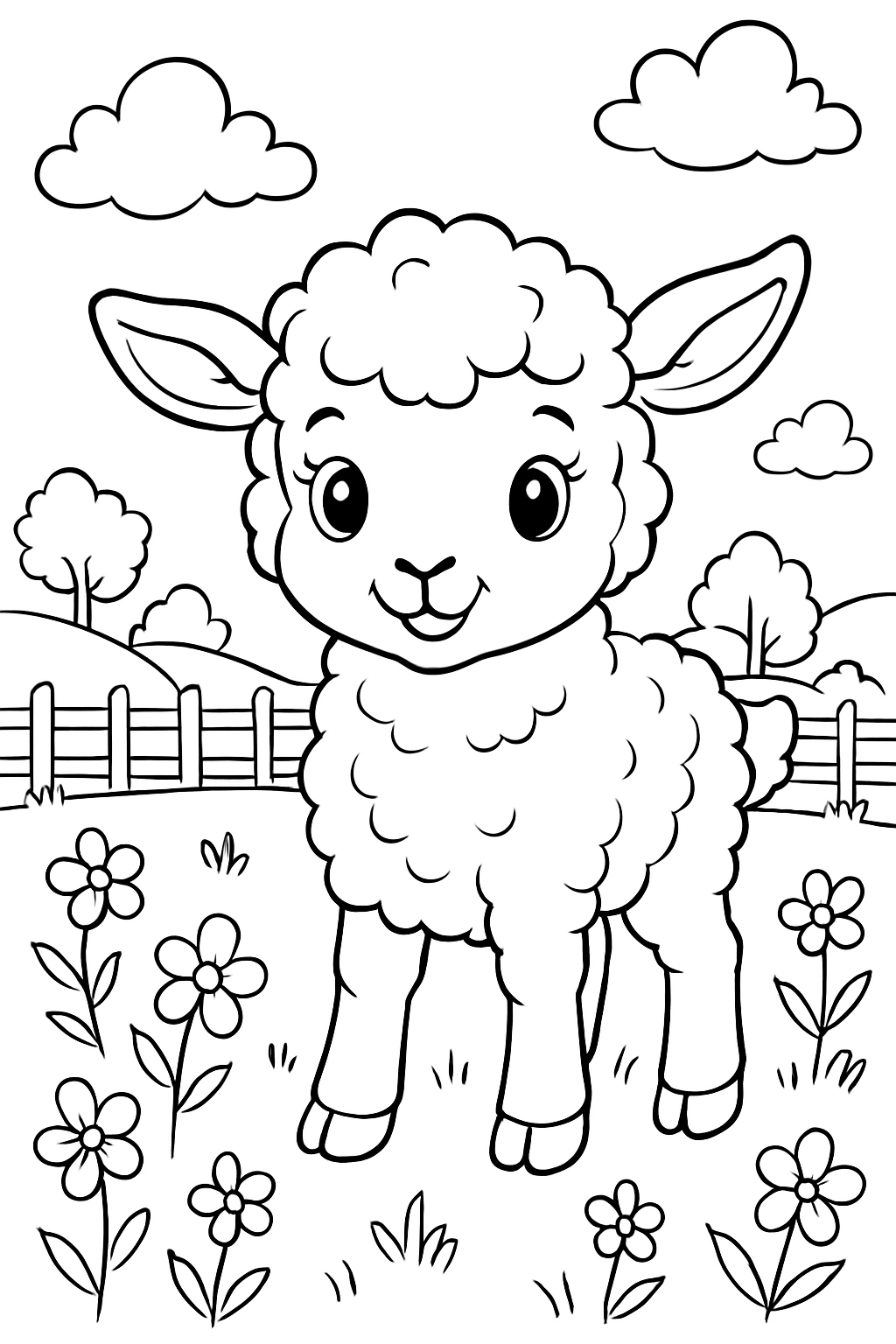 Cute Baby Lamb in a Whimsical Meadow Coloring Book Page