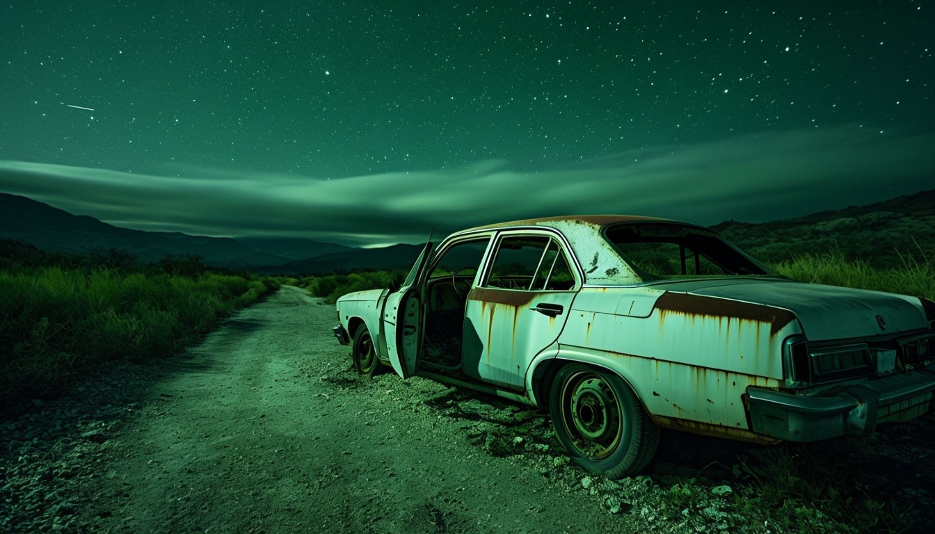 Eerie Abandoned Sedan on Dusty Road Under Starry Night Sky Virtual Backgrounds