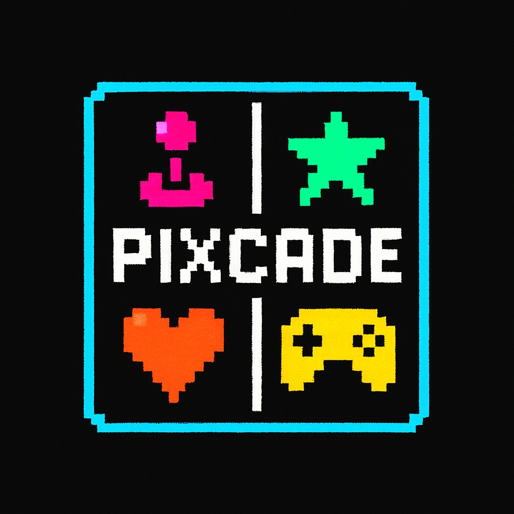Retro Pixel Art PIXCADE Logo Design with Vibrant Colors