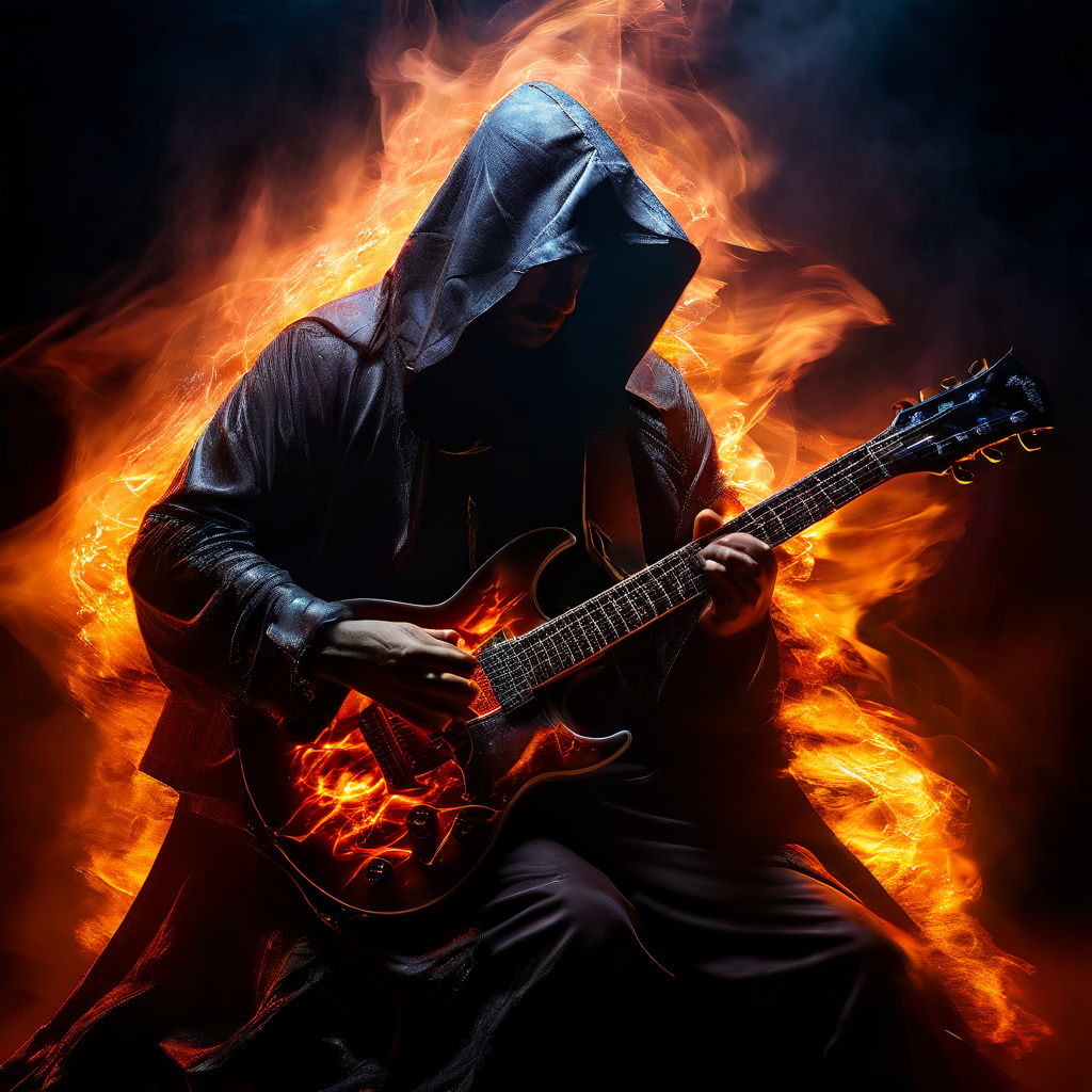 Portrait of a guitarist cloaked in a billowing hood by French ...