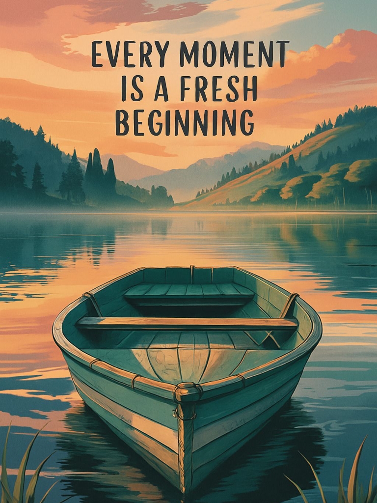Tranquil Lakeside Sunset with Wooden Rowboat and Inspiring Quote Poster