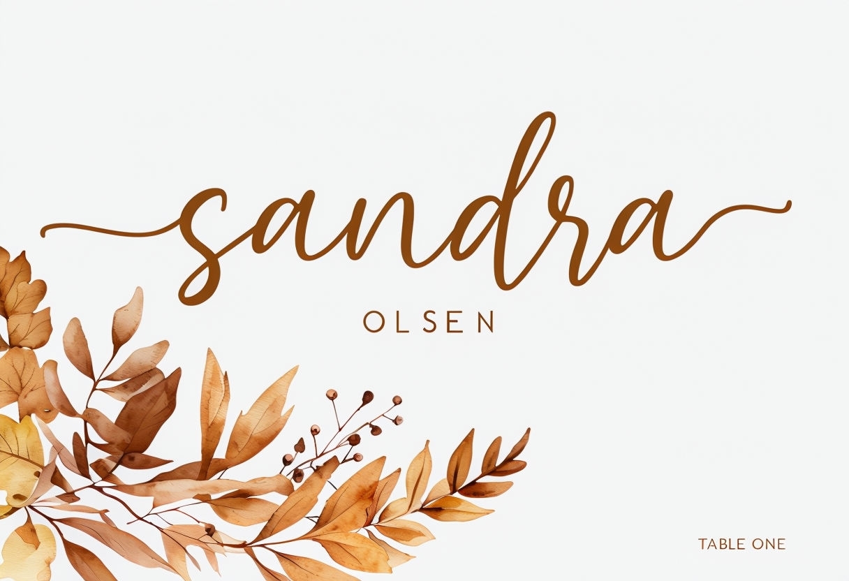 Elegant Modern Place Card Design Featuring Names and Autumn Leaves Sign