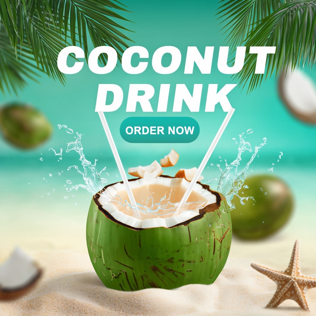 Vibrant Coconut Drink Promotion with Splashing Water Social Media Post