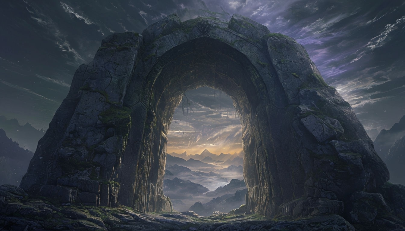 Ancient Stone Archway with Ethereal Mountain View Virtual Background