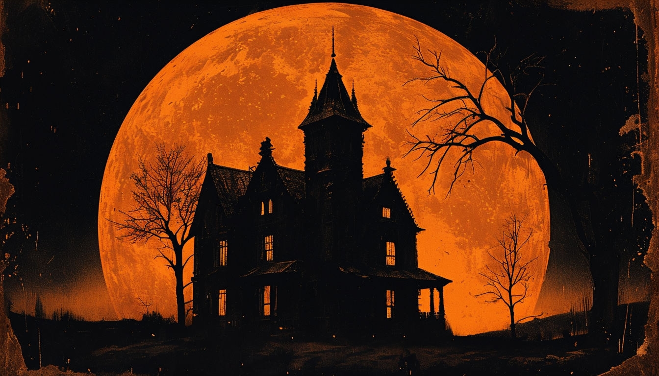 Spooky Vintage Gothic House with Orange Moon Background for Virtual Backgrounds