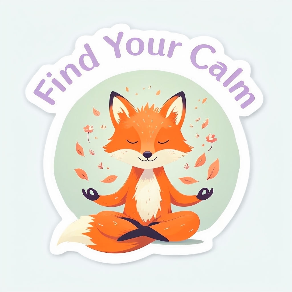 Friendly Fox Meditating Sticker with 'Find Your Calm' Text