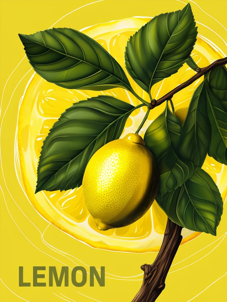Vibrant Lemon Branch Illustration with Concentric Circle Design Poster