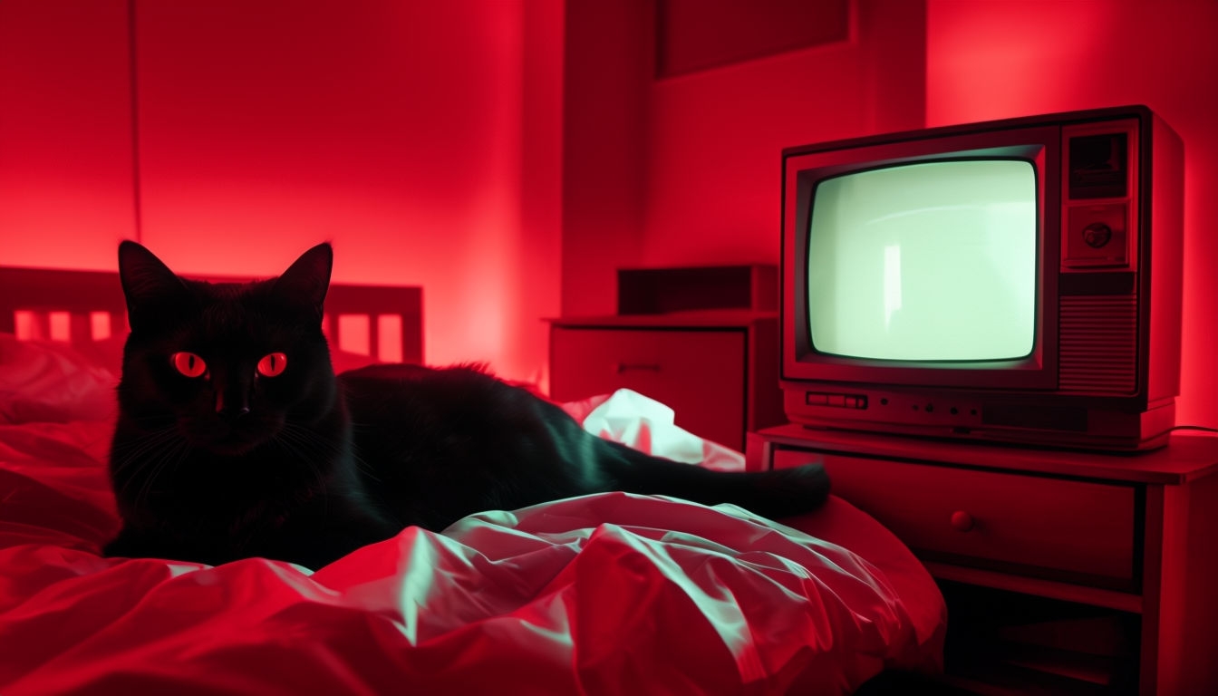 Eerie Red Light Cat in Dim Room Photograph for Virtual Backgrounds