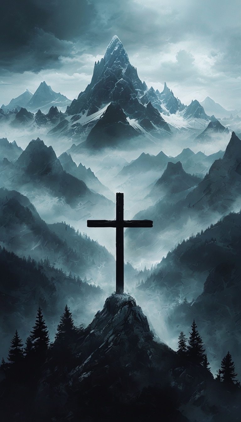 Mystical Landscape with Black Cross and Misty Mountains Mobile Wallpaper