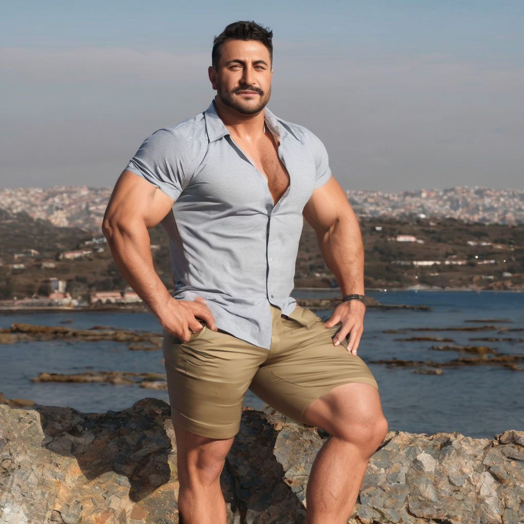 muscular gay arab man looking at the camera at the beach