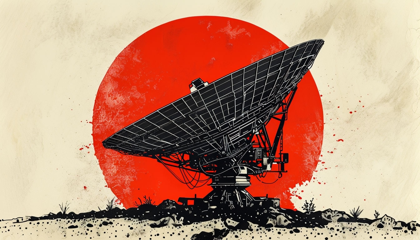 Futuristic Red Sun and Satellite Dish Illustration Background