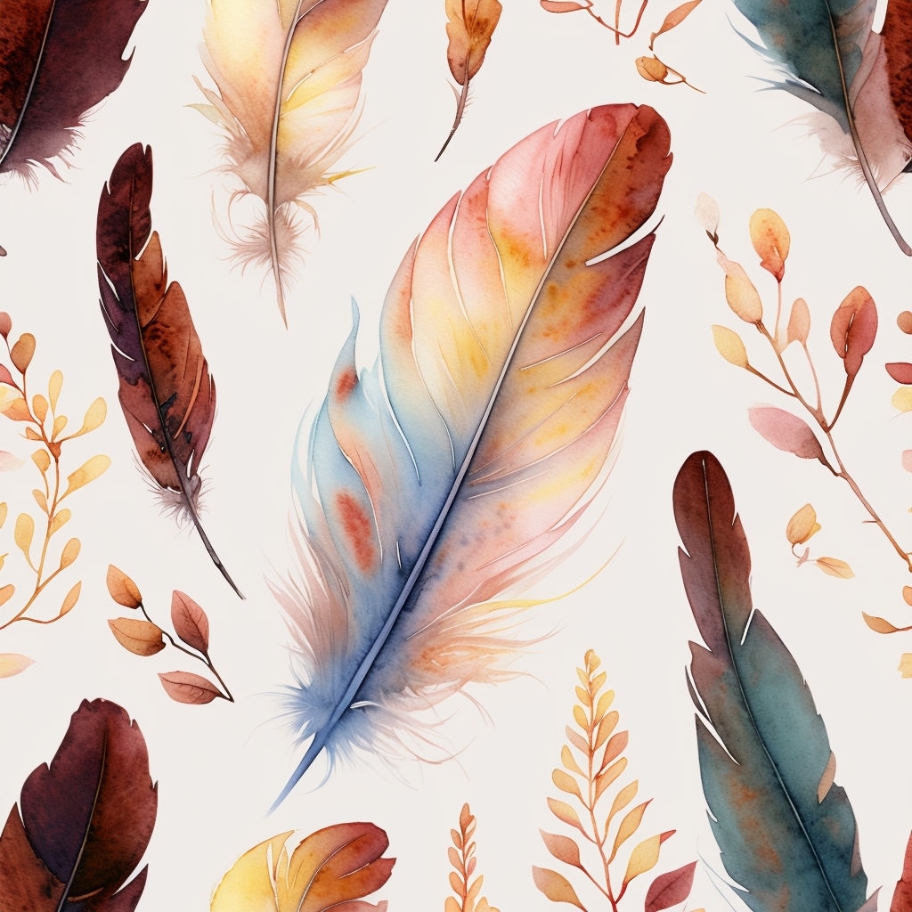 Serene Watercolor Bird Feathers and Leaves Seamless Pattern