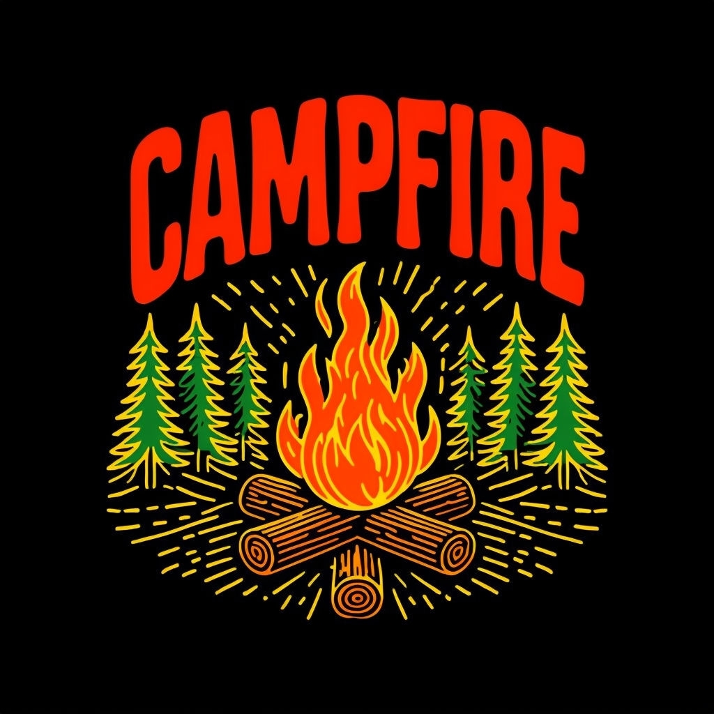 Vibrant Campfire Illustration with Rustic Adventure Theme T-shirt