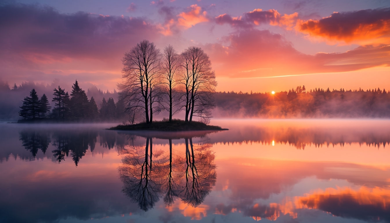 Tranquil Sunrise Landscape with Reflective Water and Trees Virtual Backgrounds