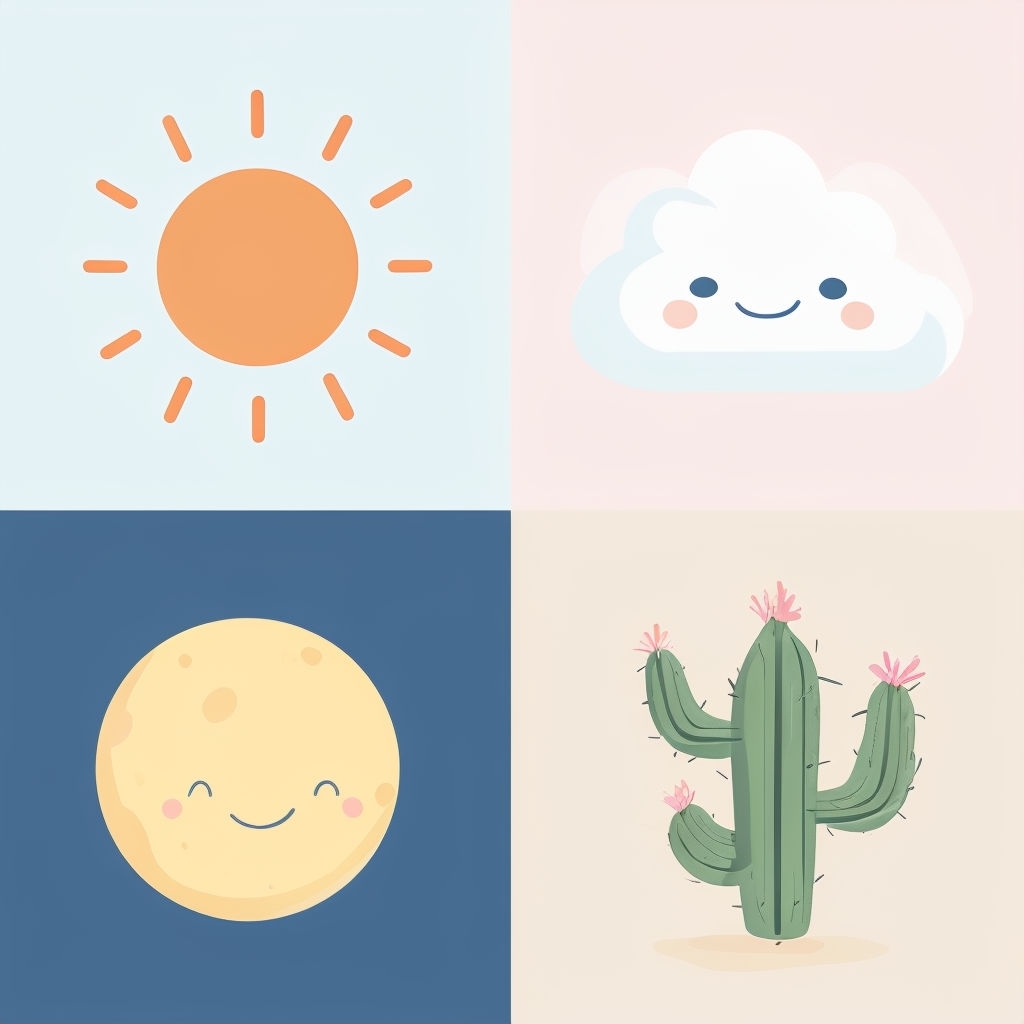 Cheerful Cartoon Quadrants with Sun, Cloud, Moon, and Cactus Seamless Pattern