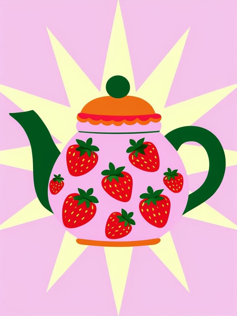 Whimsical Pink Teapot with Strawberries Cartoon Poster