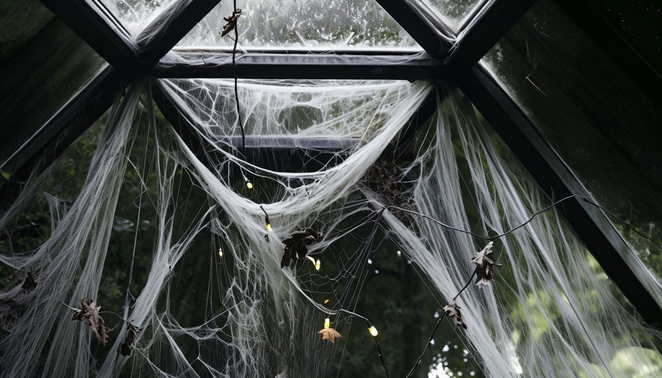 Gothic Gazebo Canopy with Cobwebs and Flickering Lights Wallpaper Virtual Background