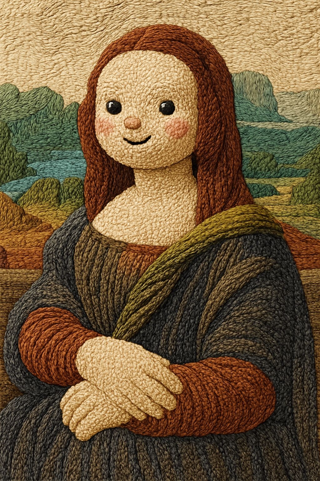 Whimsical Embroidered Cartoon Mona Lisa Portrait Art