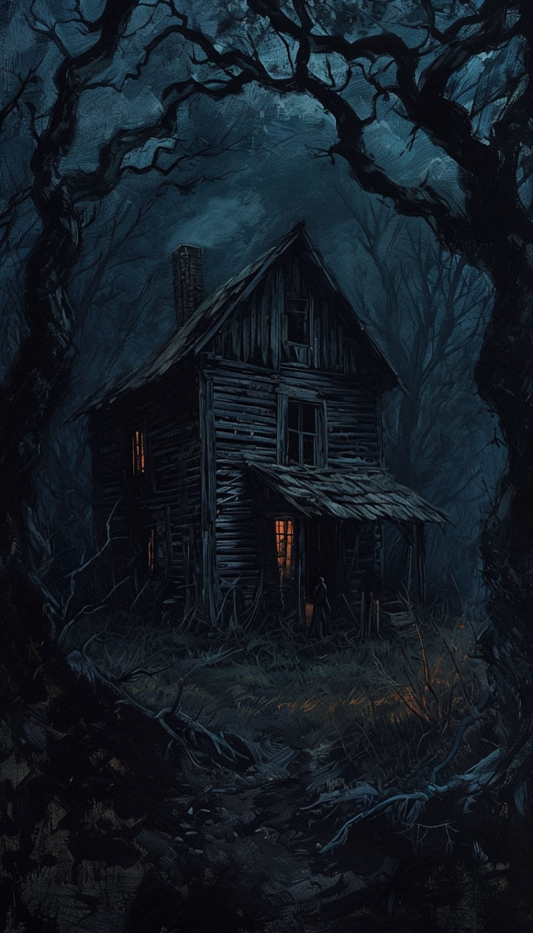 Eerie Wooden Cabin in Dark Forest with Mystical Glow Mobile Wallpaper