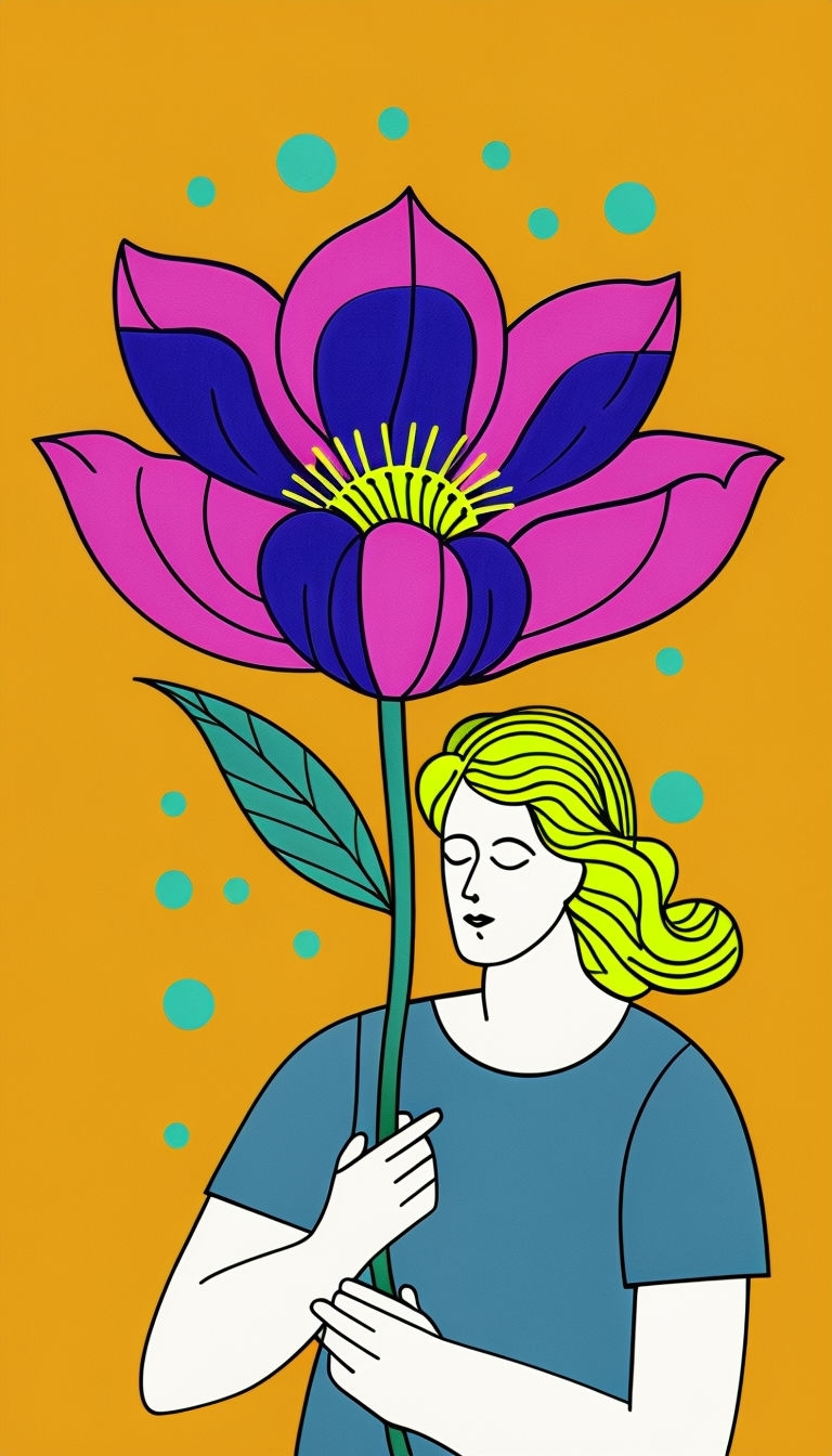 Stylized Person Holding Vibrant Flower Illustration Mobile Wallpaper