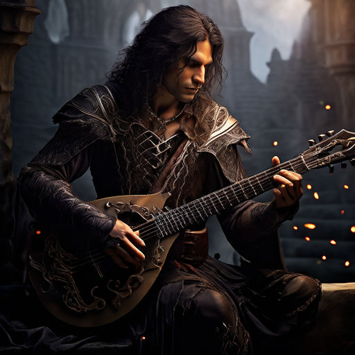 Evil bard elf with dark hair playing a black lute by Mihajlo Jovanović ...