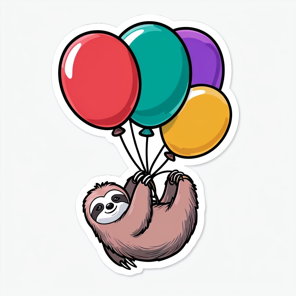 Whimsical Sloth Floating with Colorful Balloons Illustration Sticker