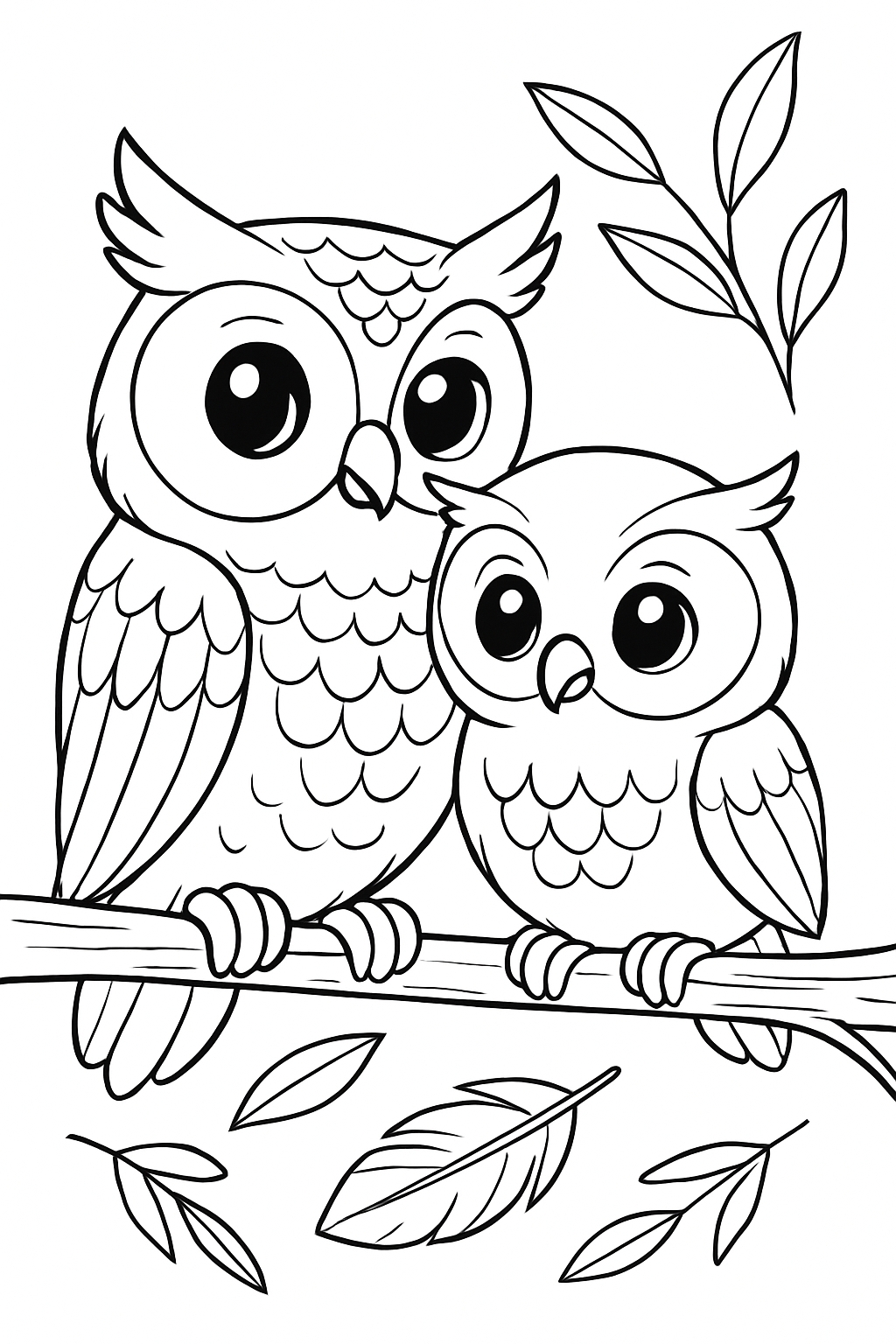 Cute Cartoon Owls on a Branch Line Drawing Coloring Page