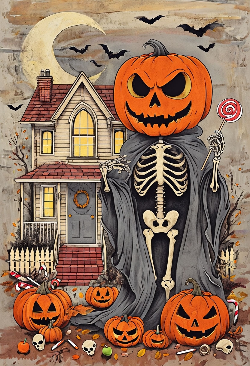 Spooky Cartoon Pumpkin Head Skeleton Halloween Art Poster