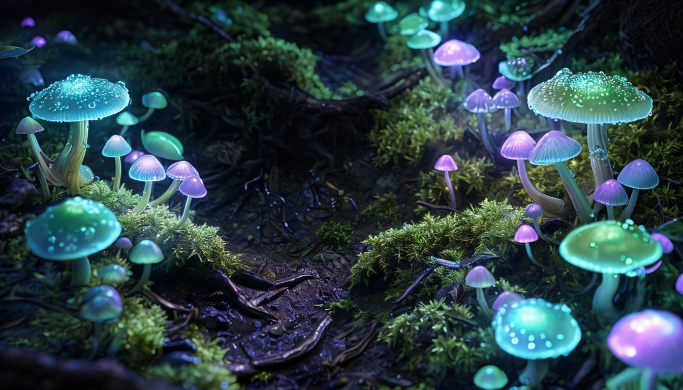 Enchanted Bioluminescent Mushroom Forest Floor Background Design