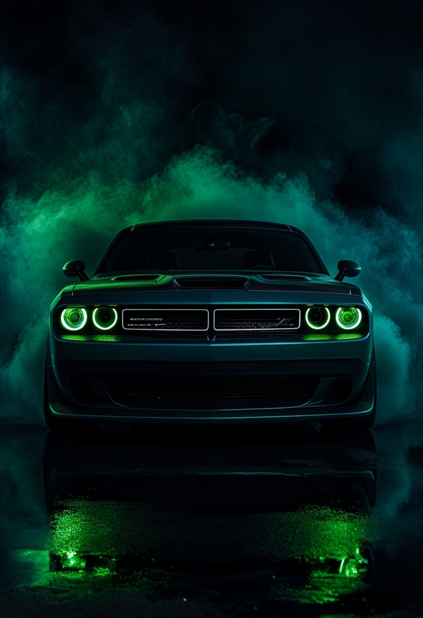 Dramatic Neon Green Muscle Car Photography Poster