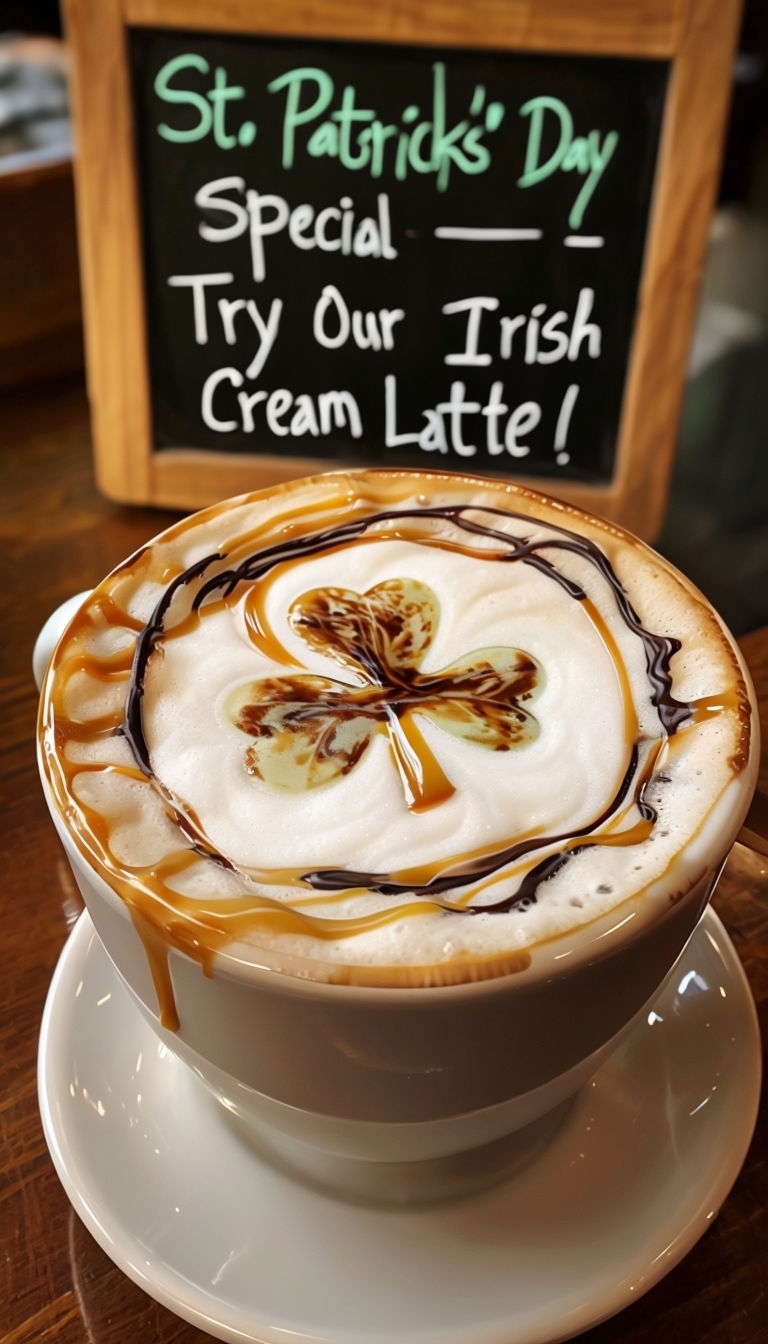 Inviting Irish Cream Latte with Shamrock Art Social Media Post