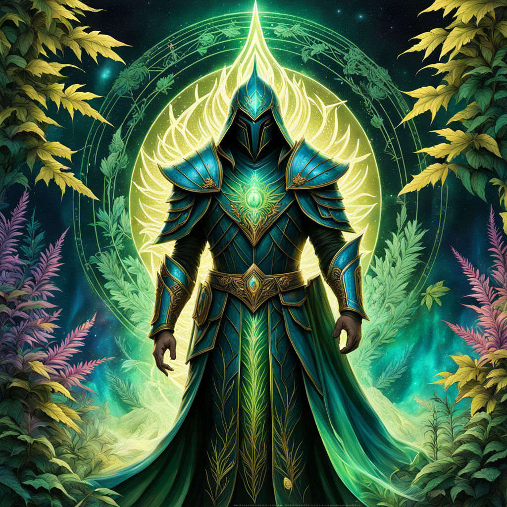 A mystical warrior robed in ethereal green and gold armor ra... by ...