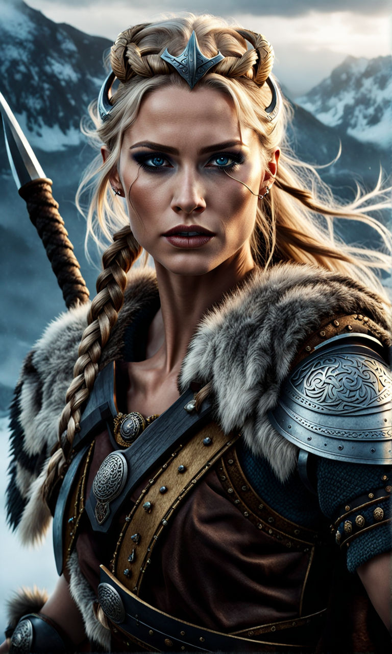 Badass sexy viking girl with big boobs from side with white hair 8k concept  art