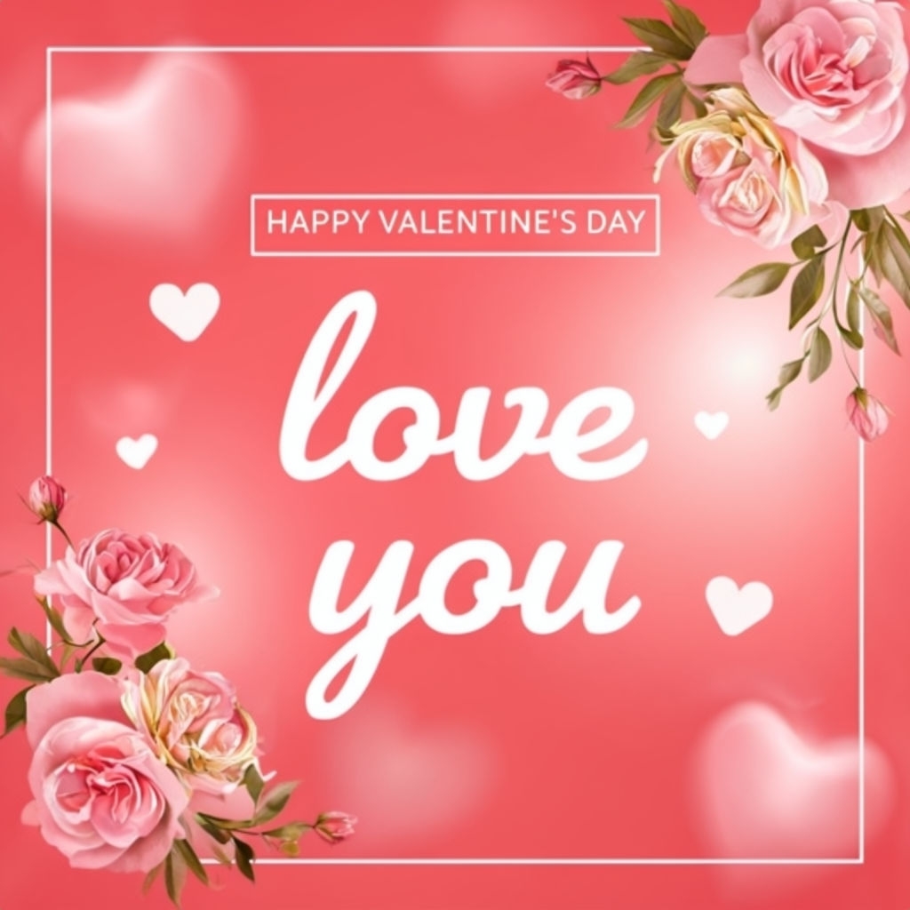 Romantic Valentine's Day Love You Card Design with Floral Accents Social Media Post