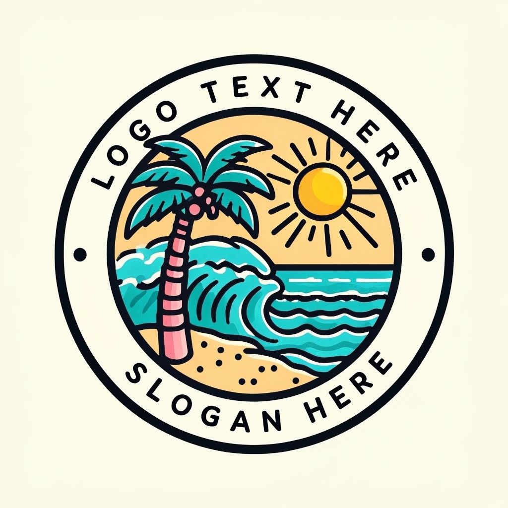 Cheerful Beach Scene Circular Logo with Palm Tree and Waves