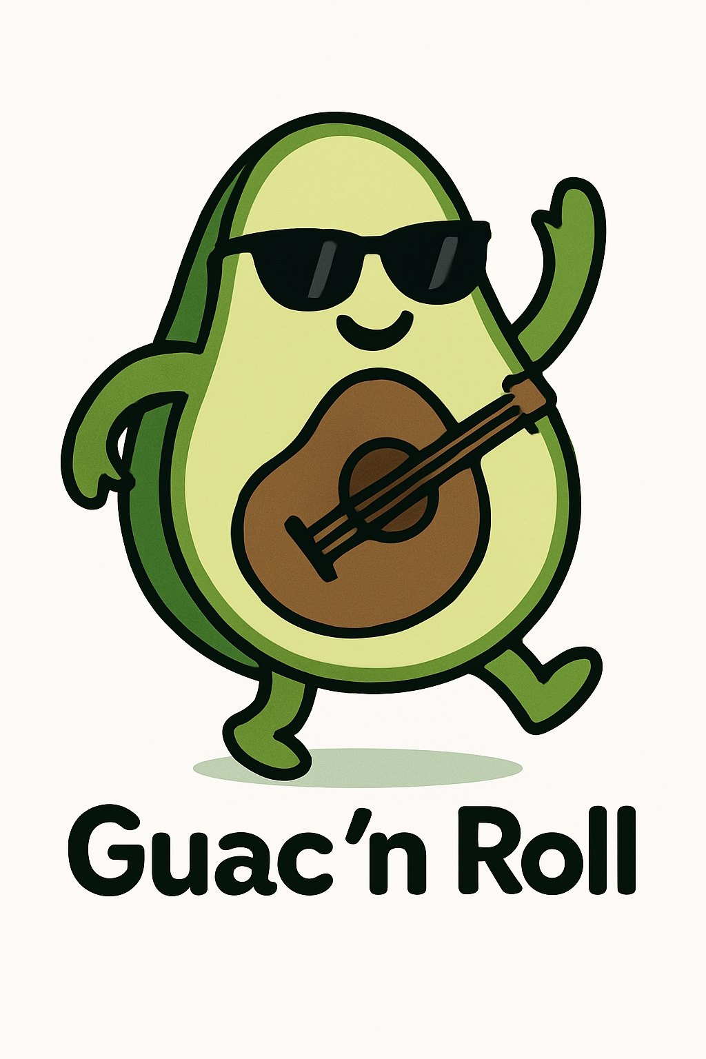 Cool Avocado Character with Guitar and Guac'n Roll Text T-Shirt