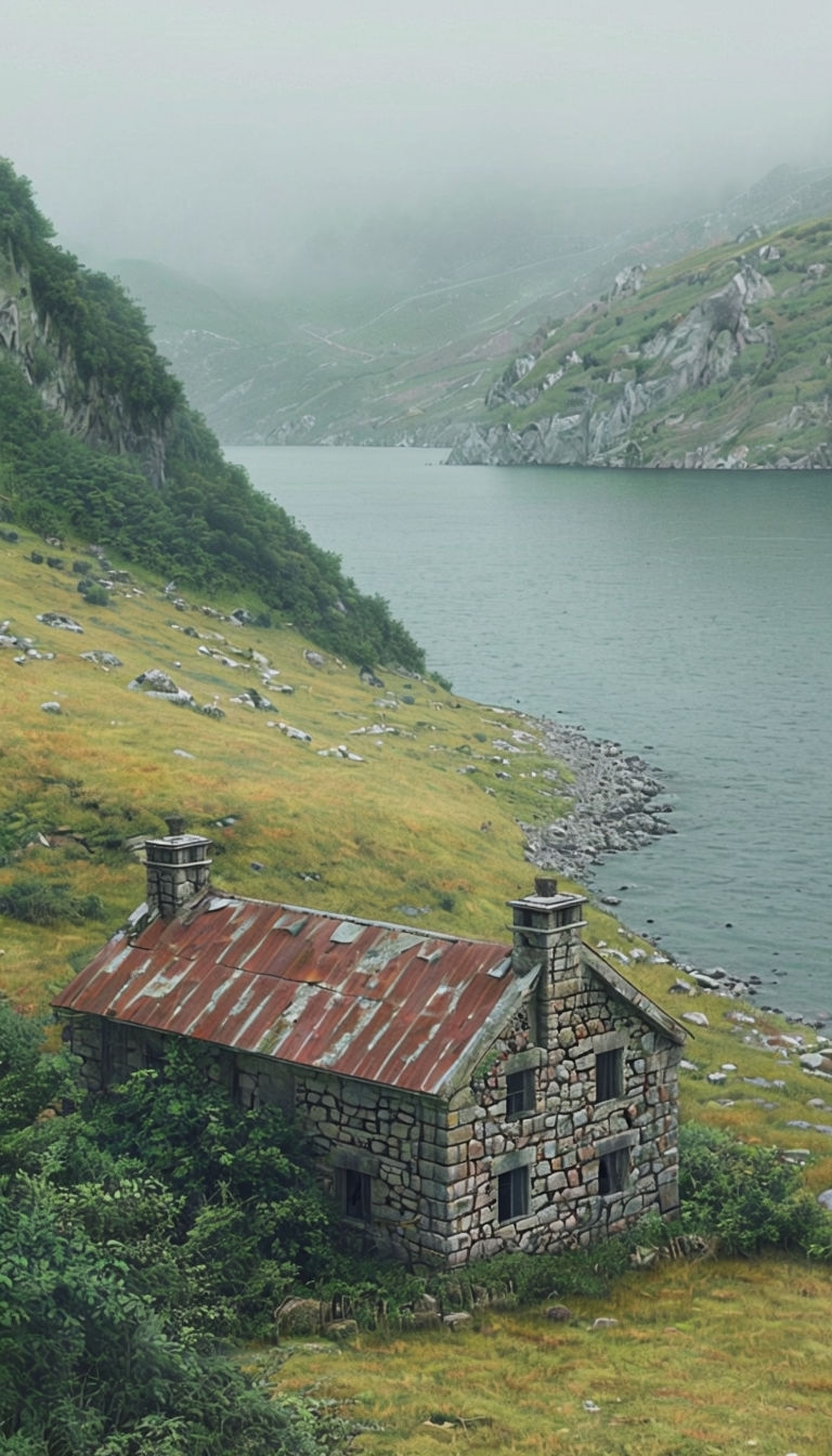 Serene Anime Landscape with Old Stone Cottage Mobile Wallpaper