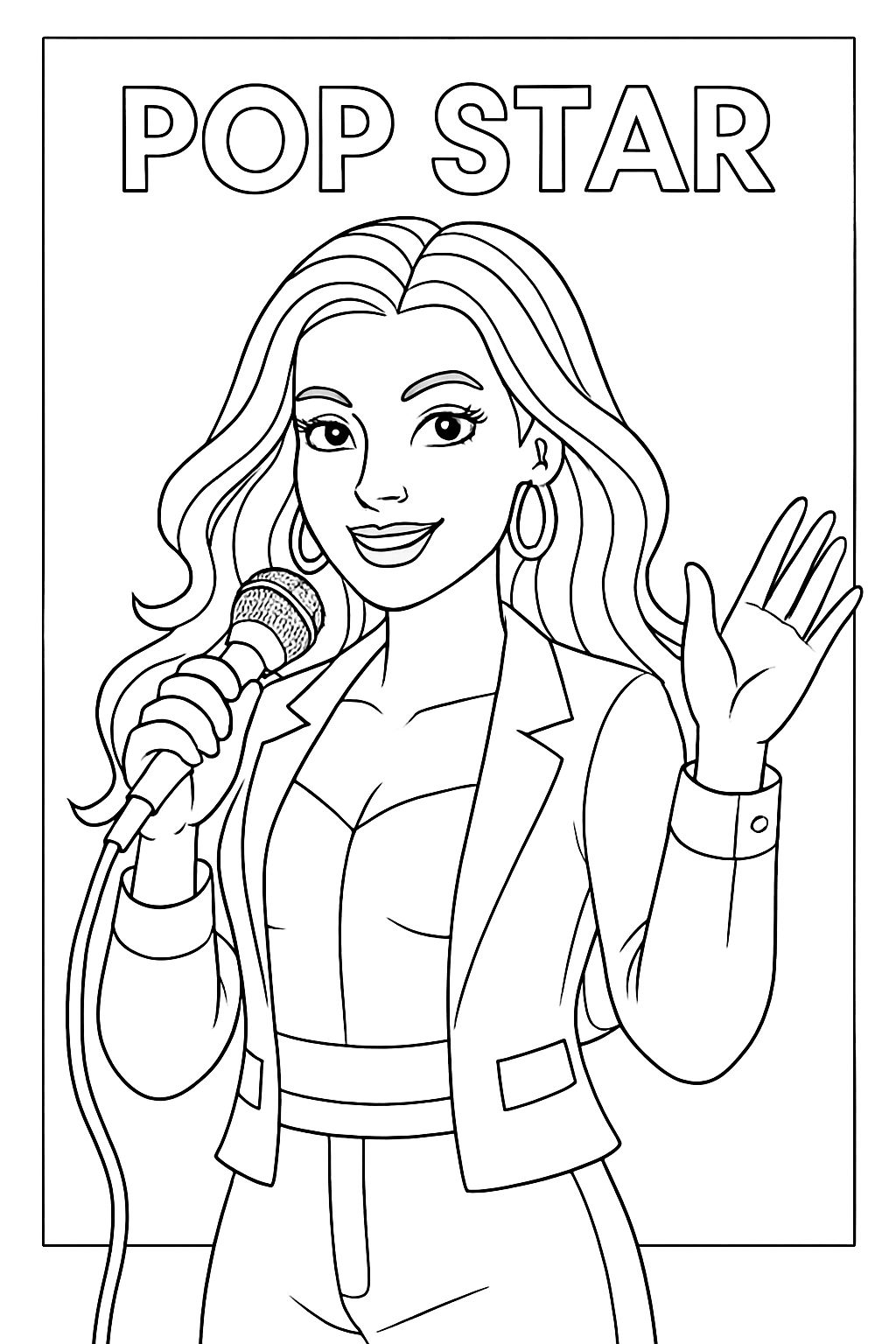 Black and White Cartoon Pop Star Illustration for Coloring Book Pages