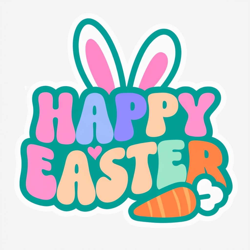 Playful Pastel Happy Easter Sticker with Bunny Ears and Carrot